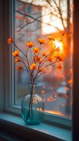 Orange cosmos flowers in blue glass vase on windowsill at sunset, creating warm atmospheric mood with sunlight streaming through window and casting shadows.