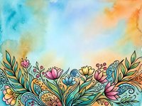 Colorful watercolor background with hand-drawn floral and paisley border, soft blue, orange, and pink tones, copy space for text or design.