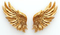 Majestic golden angel wings with detailed layered feathers on white background, isolated design element for creative projects and spiritual artwork.