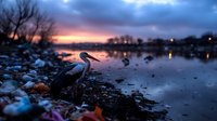 Majestic heron silhouetted against dramatic sunset sky stands on snowy riverbank, with city lights reflecting in dark water during winter twilight.