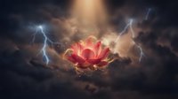 Mystical glowing lotus flower surrounded by dramatic storm clouds and lightning bolts creating magical spiritual energy atmosphere for meditation concepts.
