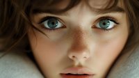 Young woman with fair skin, blue-green eyes, and brown hair with bangs, displaying a concerned or worried expression. Close-up portrait suitable for emotional storytelling, mental health awareness, psychology, anxiety themes, or character-driven editorial content.