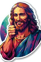 Smiling bearded man with long wavy hair in colorful artistic style showing thumbs up gesture against vibrant background. Isolated sticker design on white background.