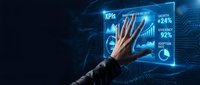 Businessman hand touching holographic KPIs dashboard with analytics charts and performance metrics on futuristic digital interface for business intelligence.