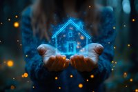 Smart home technology concept with glowing blue house hologram floating above cupped hands against dark background with golden light particles.