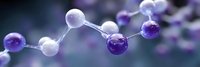 Molecular structure visualization with purple and white spheres connected by silver bonds against blurred background, scientific concept for chemistry and research.