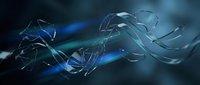 Abstract flowing glass ribbons with blue light streaks creating dynamic motion effect on dark background for modern digital design and technology concepts.