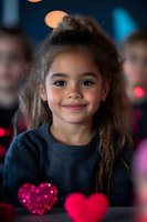 Young girl with long dark hair wearing navy sweater smiling warmly at camera with glowing red hearts and bokeh lights creating magical holiday atmosphere.