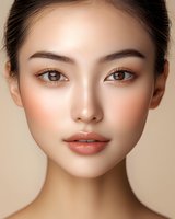 Close up portrait of young Asian woman with natural makeup, glowing skin, and brown eyes on beige background. Professional beauty and cosmetics advertising.