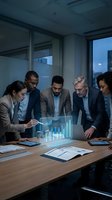Diverse business team analyzing holographic financial data charts in modern office conference room during evening meeting.