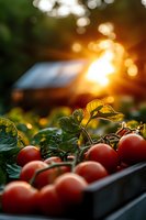 Fresh ripe tomatoes on vine at sunset in garden, golden sunlight streaming through leaves creating magical bokeh effect and warm atmosphere.