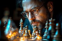 Bearded middle-aged Caucasian man in glasses contemplating chess moves, dramatic lighting with orange and blue tones creates mysterious atmosphere for strategic gameplay.