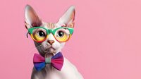 Stylish hairless sphynx cat wearing colorful round glasses and purple bow tie on pink background for pet fashion and quirky animal concepts.