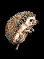 Decorative hedgehog with ornamental quill patterns in orange, blue, and gold tones, isolated on transparent background. Ready for t-shirts, stickers, clipart, and print-on-demand designs.