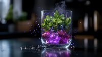 Magical glowing purple berries and fresh mint leaves in glass with mystical sparkles and smoke on dark background, creative food photography concept.