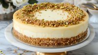 Creamy vanilla cheesecake topped with crushed pistachios on graham cracker crust, served on white plate against marble background. Perfect for dessert menu.