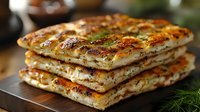 Freshly baked layered flatbread with herbs and spices, stacked to show flaky texture and golden-brown crust, garnished with fresh dill on dark surface.
