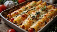 Baked cannelloni pasta filled with ricotta and spinach, topped with melted mozzarella cheese and tomato sauce, garnished with fresh herbs in metal baking dish.