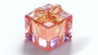 Luminous rose gold glass gift box with bow on white background, elegant holiday present with reflective surface and soft glow for festive occasions.