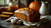 Freshly baked pumpkin bread loaf on rustic wooden table with autumn decor in background, perfect for seasonal fall baking and holiday gatherings.