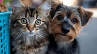 Adorable Maine Coon cat with bright blue eyes and Yorkshire terrier puppy posing together, close-up portrait showing friendship between pets against blurred background.