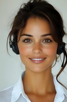 Young Hispanic woman with radiant smile wearing wireless headphones and white shirt, natural makeup and casual updo hairstyle against light background.