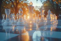 Glass chess pieces on reflective surface with warm sunset light creating dramatic shadows and bokeh effect in background, strategic game concept for business.