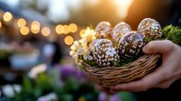 Decorative chocolate truffles with powdered sugar coating in rustic wicker basket, garnished with white flowers and greenery against blurred festive bokeh lights.