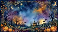 Halloween night sky with ornate golden frame, spooky silhouettes, jack-o-lanterns, haunted house, bats, bare trees, crescent moon and stars for seasonal designs.