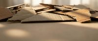 Scattered torn brown paper pieces and cardboard fragments on neutral surface creating textural composition for crafting and recycling projects.