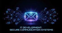 Digital email security network with glowing envelope icon and connected communication devices on dark tech background for cybersecurity presentations.