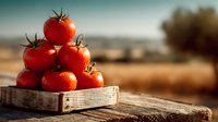 Fresh ripe red tomatoes stacked on rustic wooden cutting board in warm sunlight with blurred countryside background for healthy cooking and farm produce.