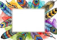 Colorful feathers arranged around white rectangular frame with watercolor splashes in vibrant hues. Isolated design element suitable for invitations, posters, and creative projects.