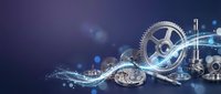 Mechanical gears and cogs with flowing digital streams on dark blue background for technology and engineering concepts.