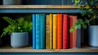 Colorful vintage books arranged in rainbow order on wooden shelf with decorative plants in gray pots, creating cozy home library atmosphere.