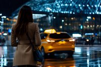 Young Asian woman in beige coat waiting for taxi on rainy night street with yellow cab and reflective wet pavement creating urban atmosphere.