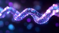 Digital DNA double helix structure with glowing purple and blue lights, genetic code visualization for biotechnology and medical research presentations.