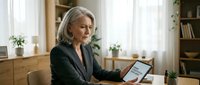 Senior Caucasian businesswoman in dark suit working on tablet in modern home office with natural lighting and wooden furniture for remote work concepts.