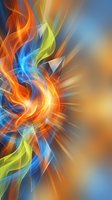 Dynamic abstract energy burst with flowing flames in vibrant orange, blue and yellow colors creating luminous swirling motion for modern digital design.