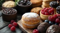 Sweet pastries and fresh berries on rustic wooden board. Powdered sugar dusted muffin, chocolate cookies, raspberries and blueberries in ceramic bowls.