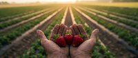Fresh ripe strawberries cupped in farmer hands at sunrise over agricultural field rows. Organic berry harvest concept for healthy eating and sustainable farming.