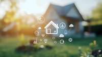 Smart home icons floating over blurred residential background with sunset glow, showing connected home technology and automation features for modern living.