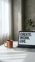 Motivational workspace with laptop displaying inspirational quote, coffee mug and plant on white desk near concrete wall for productivity and creativity concepts.
