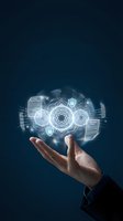 Businessman hand presenting holographic digital security network with data protection icons and documents floating above palm on dark background.