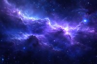 Vibrant purple and blue nebula with glowing lightning-like energy streams across cosmic clouds, stars scattered throughout deep space creating mystical atmosphere.