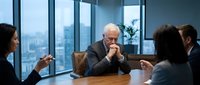 Senior executive listening thoughtfully during corporate boardroom meeting with city skyline view through floor-to-ceiling windows.