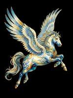 Ornate winged horse with blue and gold decorative patterns, isolated on transparent background. Ready for t-shirt design, clipart, stickers, sublimation, and print-on-demand products.