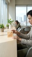 Asian male professional in business casual attire holding wooden block with growth chart icon in modern office setting with cityscape view, colleague working in background, potted plant on desk.