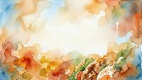 Watercolor abstract background with vibrant orange, blue and green paint blots creating artistic frame border on white paper texture for creative projects.