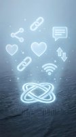 Digital network connectivity concept with glowing white icons floating above circuit board surface including hearts, links, wifi and infinity symbol.